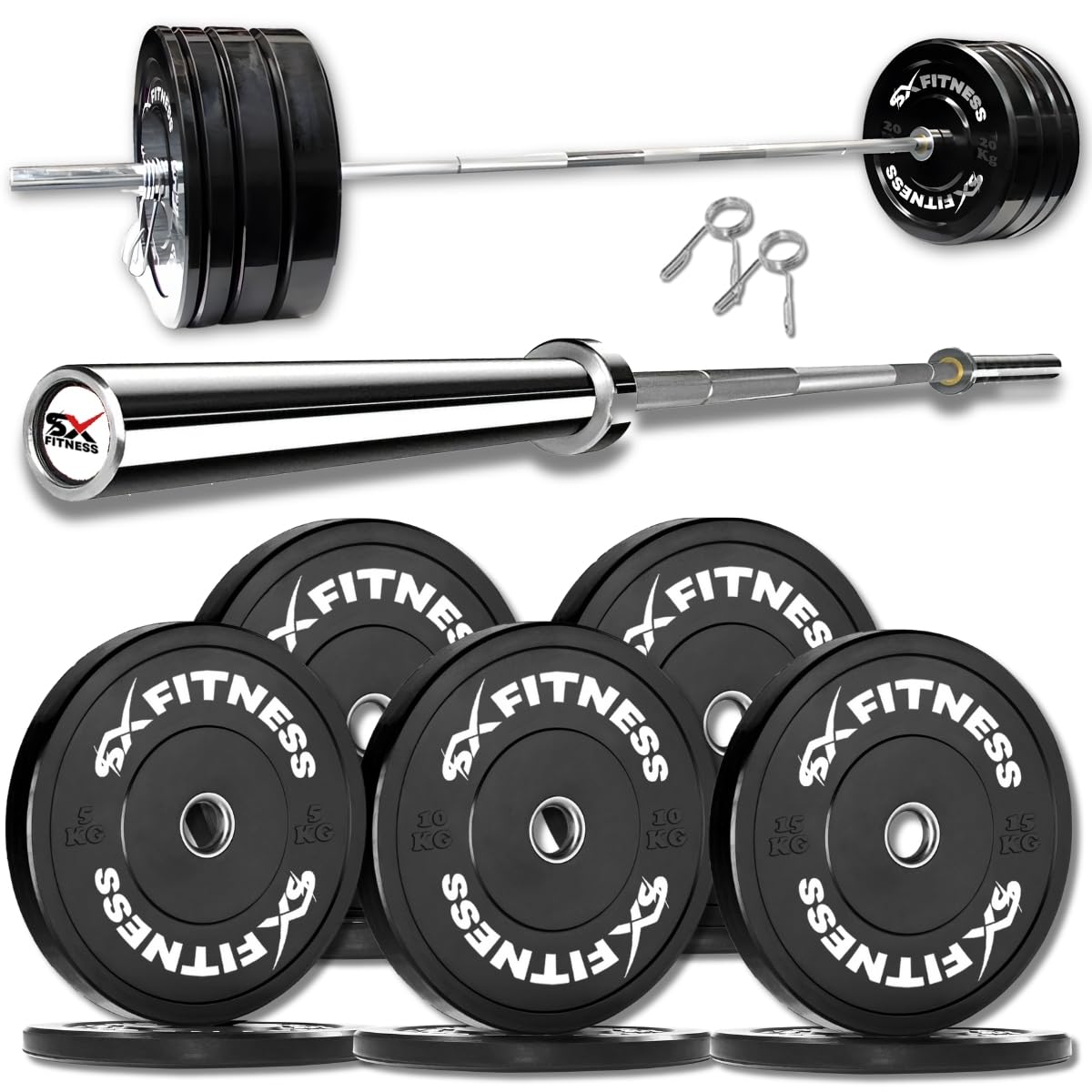 SXFitness 90Kg-150kg Bumper Plate Set with 5ft Olympic Rod (50mm